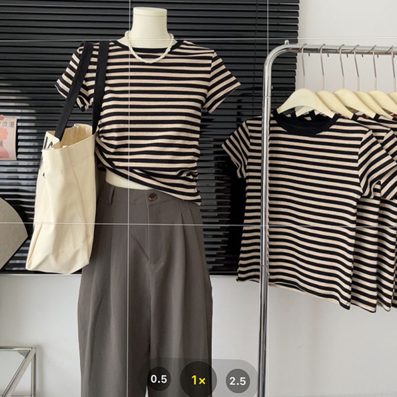 Áo Thun Cotton Ngắn Tay Họa Tiết Kẻ Sọc Màu Trơn Mẫu Mới 2023 Thời Trang Mùa Hè Cho Nữ