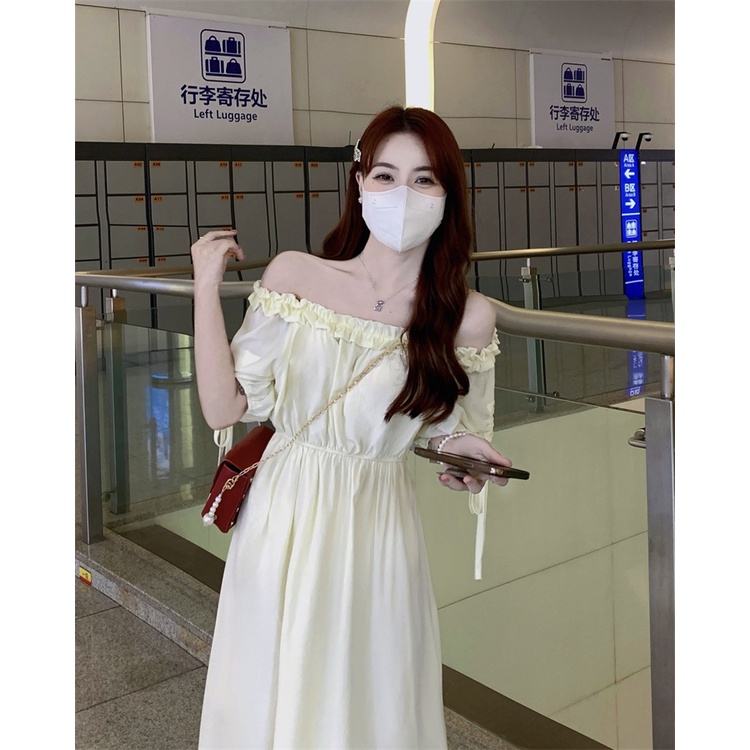 Đầm MIDI Mùa Hè Ôm Eo Một Bên Vai Diềm Xếp Nếp Tay Lửng Cho Nữ