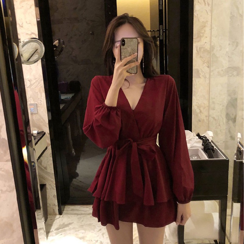 Đầm Nữ Tay Dài Cổ Chữ V Thời Trang Quyến Rũ