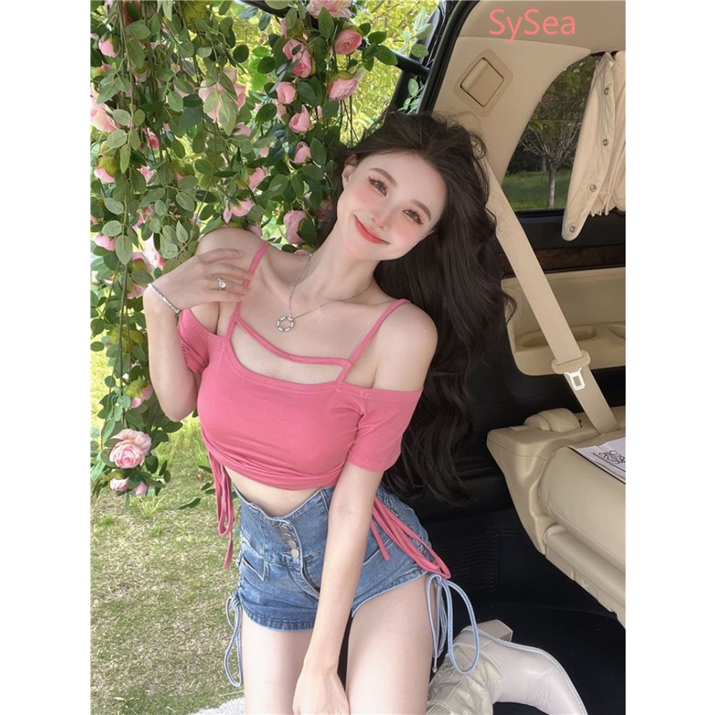 Áo Kiểu Trễ Vai Phối Dây Rút Thời Trang Mùa Hè Cho Nữ