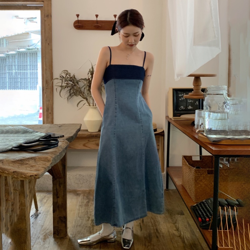 Đầm Dài Dáng Rộng Thoải Mái Màu Sắc Tương Phản Thân Thiện Với Da Kiểu Pháp