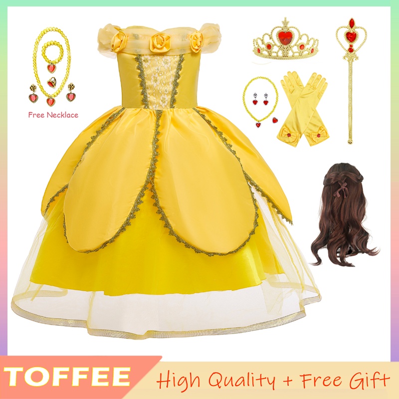 Đầm Công Chúa Belle Và Quái Vật Phối Lưới Đính Kim Sa Màu Vàng Làm Quà Tặng Sinh Nhật / Halloween Cho Bé Gái