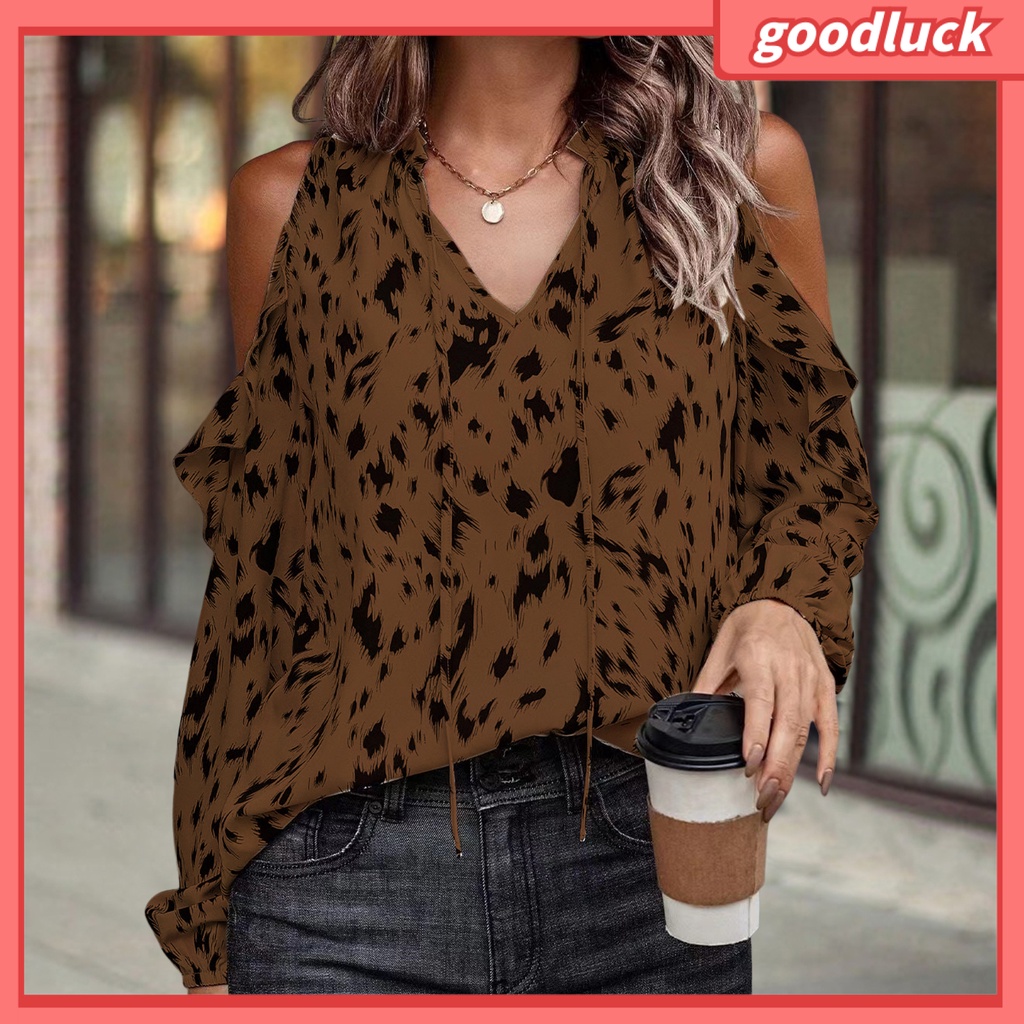 Áo Kiểu Trễ Vai Tay Dài Cổ Chữ V Phối Bèo Màu Sắc Tương Phản Thời Trang Xuân Hè Cho Nữ