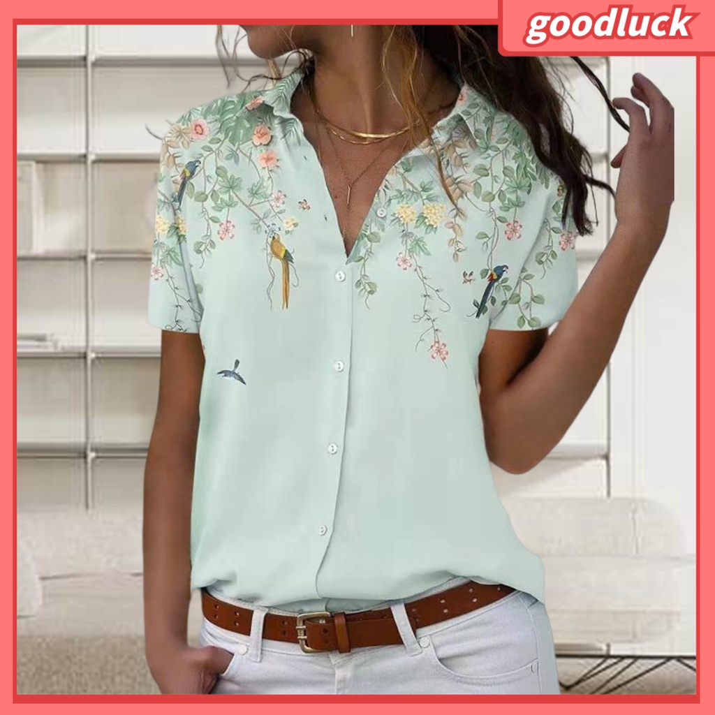 Áo Sơ Mi Tay Ngắn Cổ Bẻ Cài Khuy In Họa Tiết Hoa Thời Trang Mùa Hè Xinh Xắn Cho Nữ