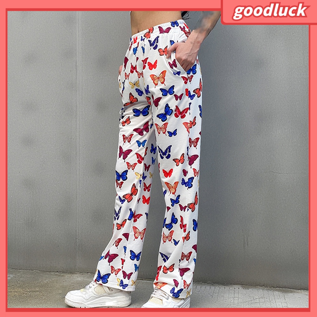 [ULK] Quần Dài Dáng Rộng Có Túi Tăng Chiều Cao In Hình Bướm Dành Cho Nữ Tập Yoga Chạy Bộ