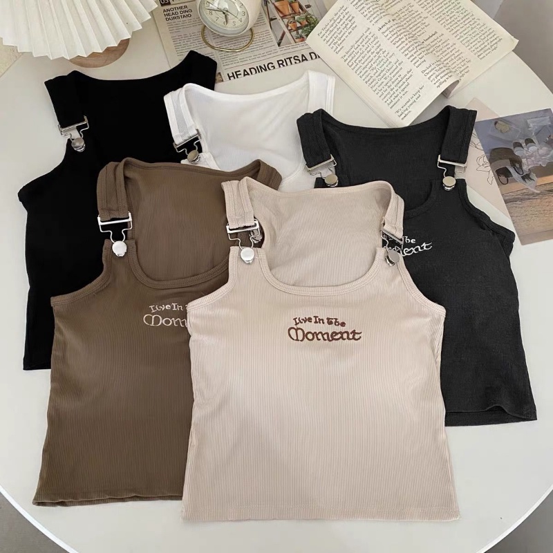 Áo Hai Dây Dáng Ngắn Thêu Chữ Phong Cách Retro Mỹ Quyến Rũ Cho Nữ