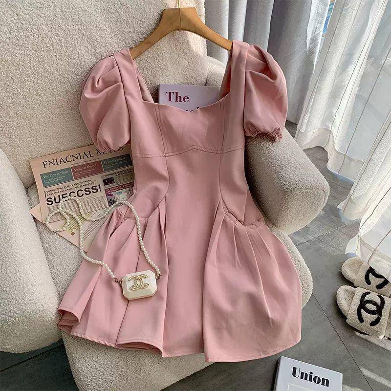 Đầm Ngắn Dáng Chữ A Cổ Vuông Tay Phồng Thời Trang Mùa Hè Pháp Sang Trọng Cho Nữ