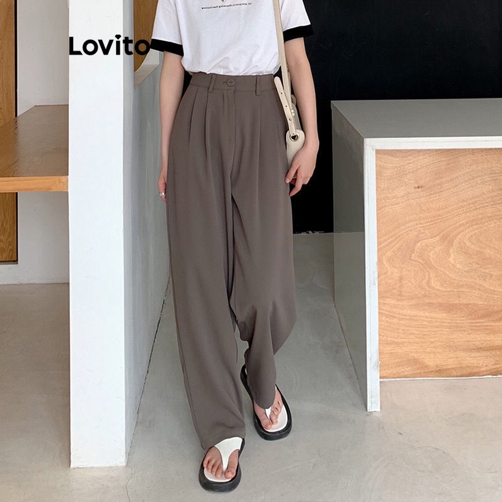 Quần Lovito ống suông lưng cao màu trơn thường ngày dành cho nữ LNA04126 (màu nâu)
