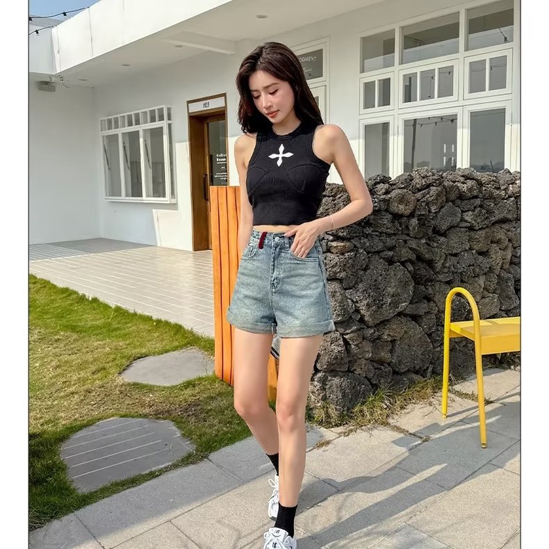 Quần short Jean Ống Rộng Lưng Cao Thời Trang Hàn Quốc Mới Cho Nữ