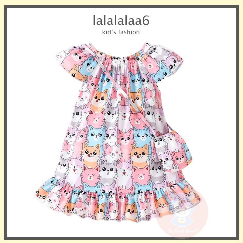 Đầm Chữ A Tay Ngắn Họa Tiết Chó Mèo Hoạt Hình Cho Bé Gái LAA6-Kids