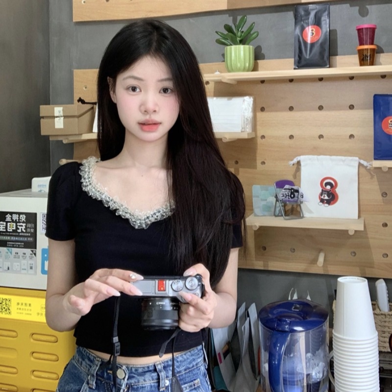 Áo Kiểu Cổ Vuông Phối Ren Thời Trang Mùa Hè Xinh Xắn Cho Nữ