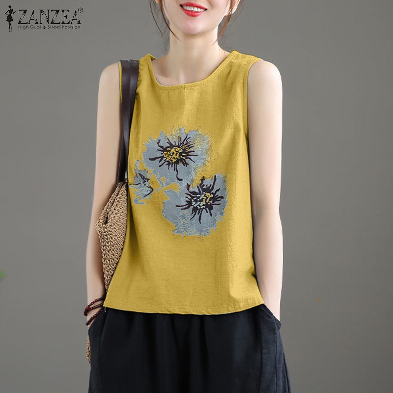 Zanzea Áo Tank Top Cổ Tròn In Họa Tiết Hoa Phong Cách Hàn Quốc Thời Trang Cho Nữ