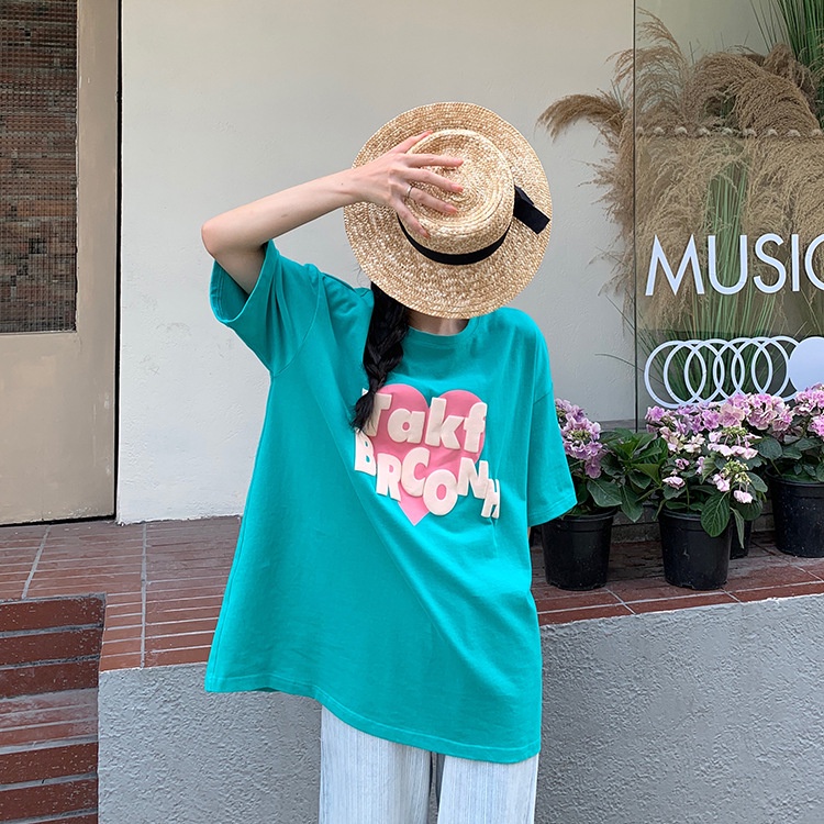 Áo Thun Đen Tay Ngắn Dáng Rộng In Hình Trái Tim Phong Cách Harajuku Thời Trang Cho Nữ