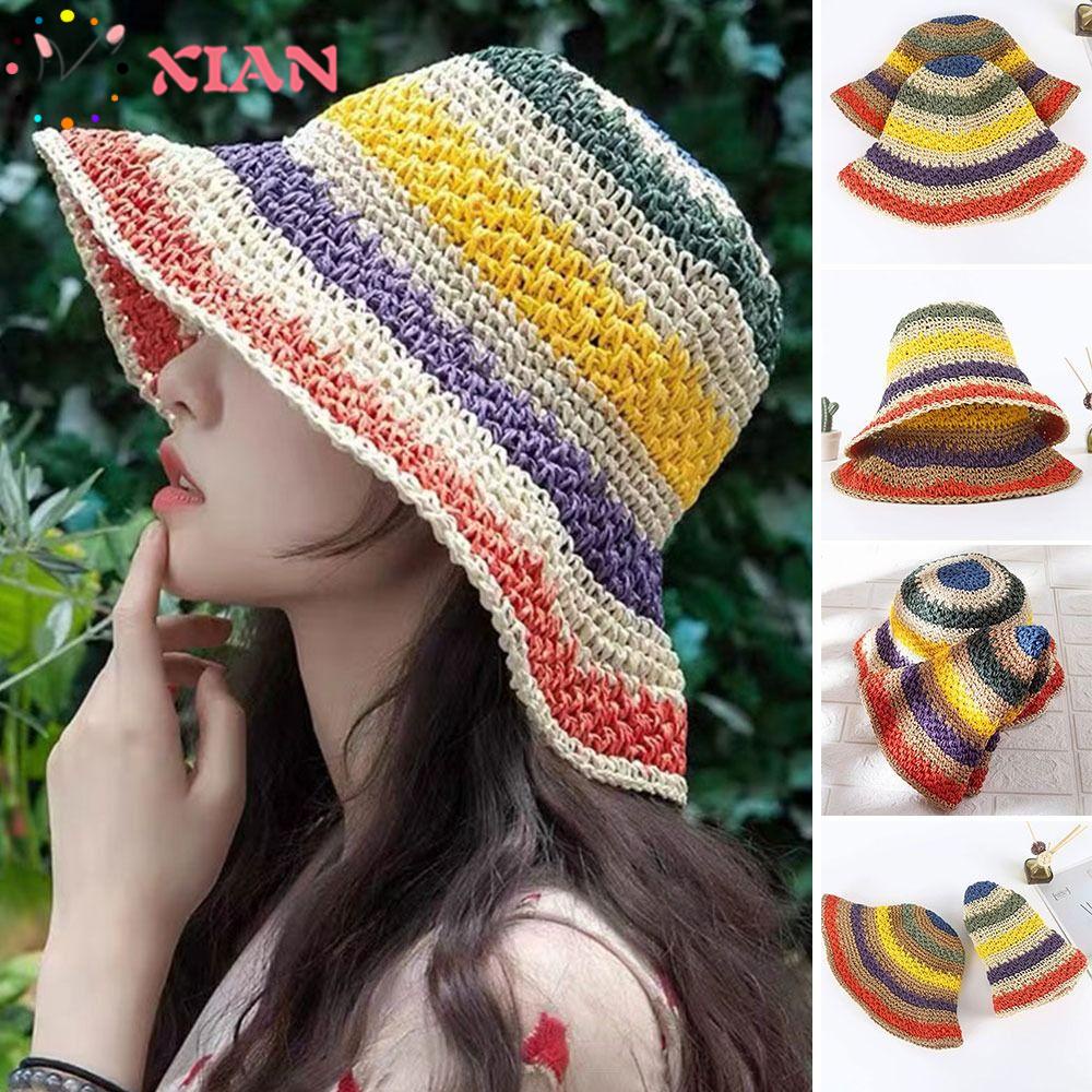 Mũ Cói Chống Nắng Màu Cầu Vồng Dễ Thương Xinh Xắn Dành Cho Nữ