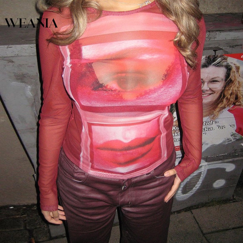 Áo Thun Tay Dài Phối Lưới In Hình Đôi Mắt Trừu Tượng Thời Trang Cho Nữ Y2K