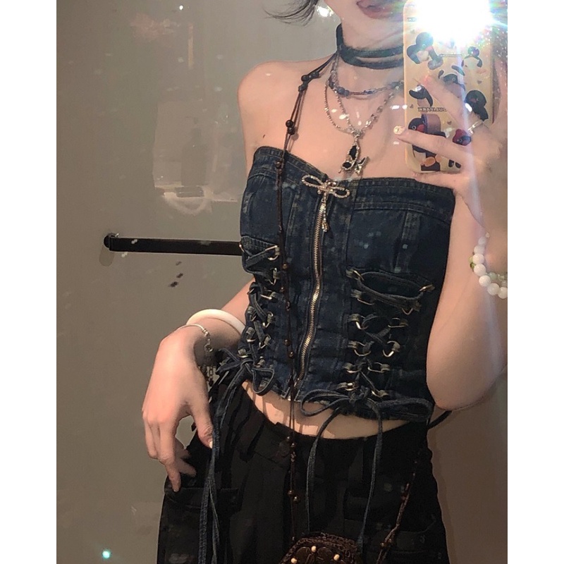 Áo Denim Dây Rút Phối Nơ Thời Trang Mùa Hè Dành Cho Nữ