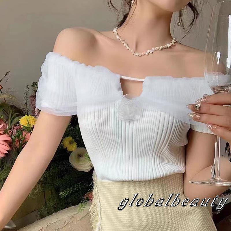 Áo Thun Tay Ngắn Hở Vai Màu Trơn Họa Tiết Hoa 3D Dành Cho Nữ