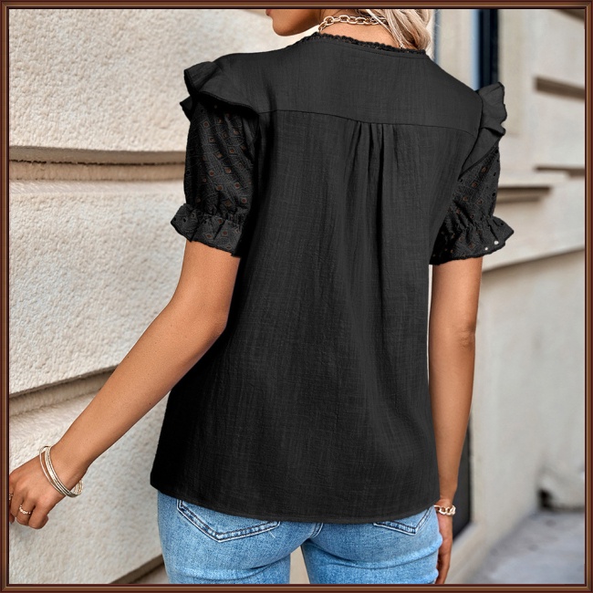 Áo Kiểu Tay Phồng Ngắn Cổ Chữ V Màu Sắc Đơn Giản Thời Trang Đi Biển Cho Nữ