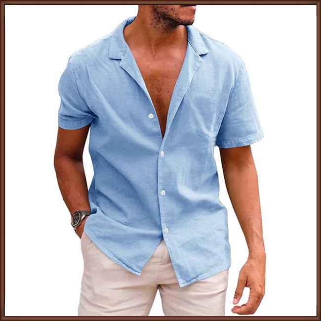 Áo Sơ Mi Cotton Lanh Ngắn Tay Phối Nút Thời Trang Mùa Hè Cho Nam