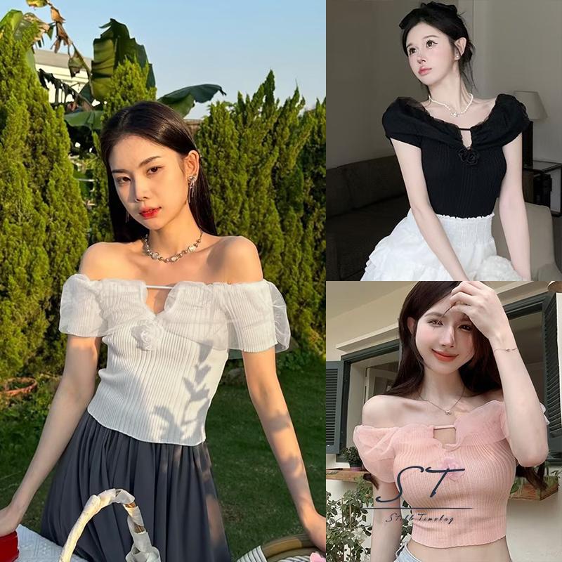 Áo Thun Gân Dệt Kim Ngắn Tay Trễ Vai Màu Trơn In Họa Tiết Hoa 3D CY03 Dành Cho Nữ