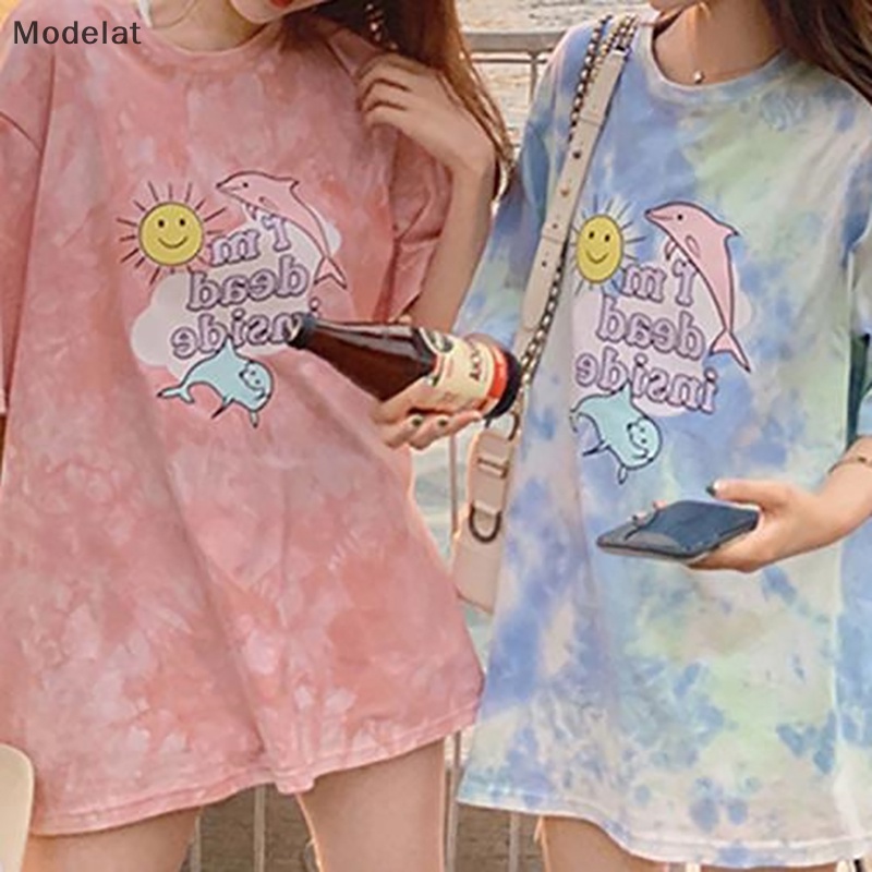 Áo Thun Tay Ngắn Cổ Tròn Dáng Rộng In Màu Nhuộm Thời Trang Mùa Hè Xinh Xắn Cho Nữ