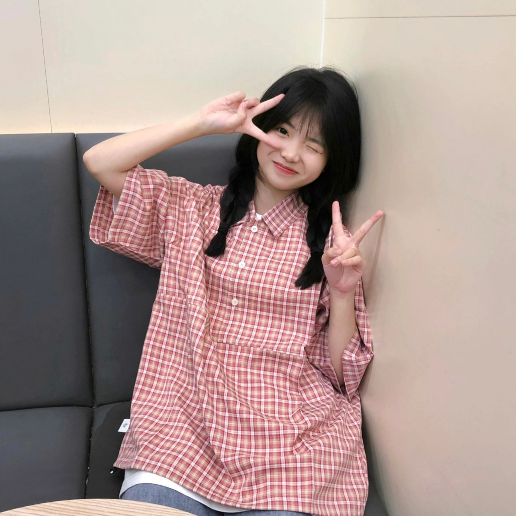 Áo Sơ Mi Ngắn Tay Dáng Rộng Sọc Ca Rô Thời Trang Hè Nhật Bản 2023 Trẻ Trung Cho Nữ