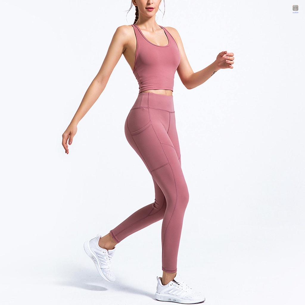 Bộ Trang Phục Thể Thao 2 Mảnh Gồm Áo Không Tay Lưng Cao Và Quần Legging Không Đường May Có Túi Bên Hông Dành Cho Nữ
