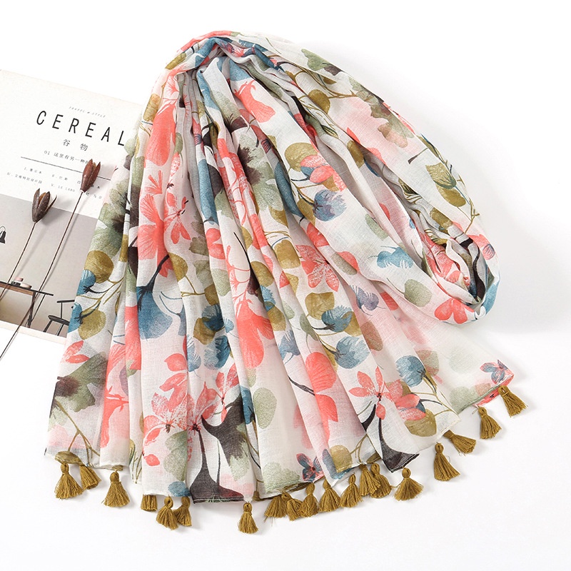 Khăn Choàng Nhẹ Phối Tua Rua In Họa Tiết Hoa Đào Tươi Mới Mùa Xuân Hè Cho Phòng Điều Hòa