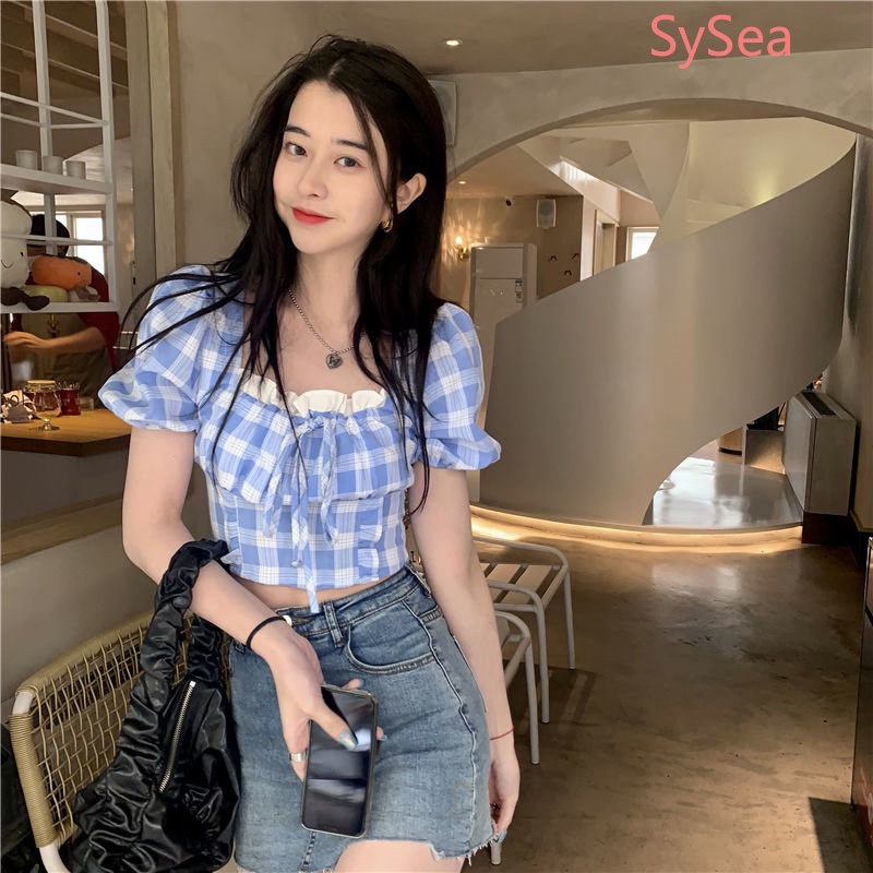 Áo Kiểu Tay Phồng Cổ Vuông Họa Tiết Sọc Caro Thời Trang Mùa Hè