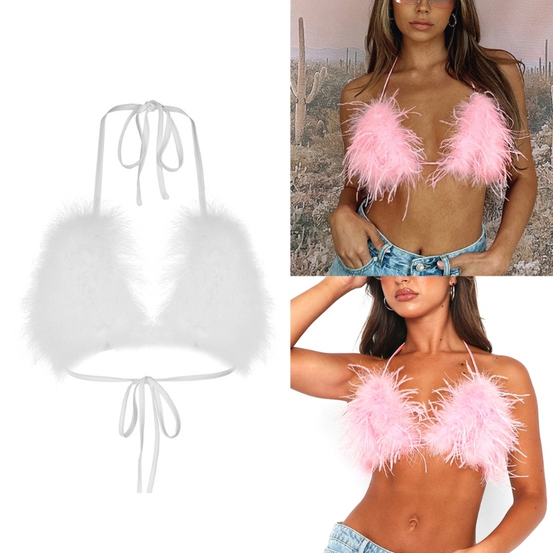 Áo Bra Hai Dây Hở Lưng Phối Lông Giả Cột Dây Gợi Cảm Quyến Rũ Dành Cho Nữ