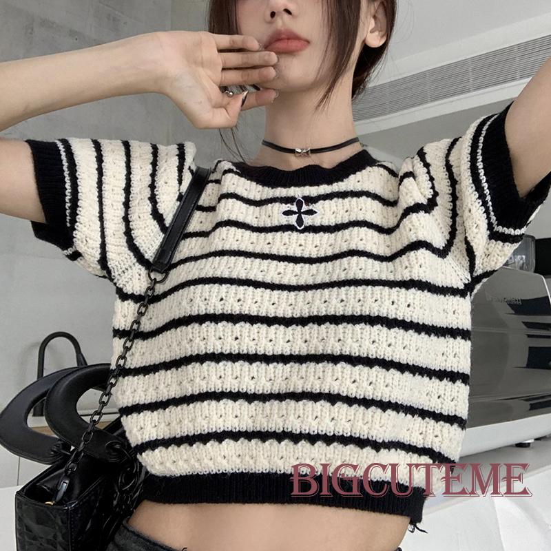 Áo Thun Dệt Kim Tay Ngắn Cổ Tròn Thêu Họa Tiết Kẻ Sọc Thời Trang Mùa Hè Cho Nữ