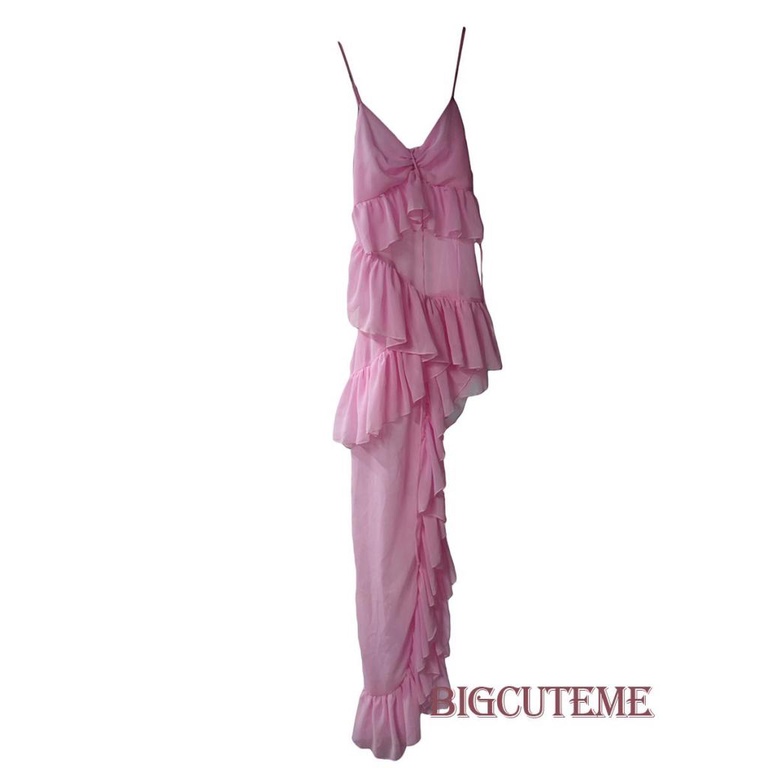 [] - Đầm Hai Dây Không Tay Hở Lưng Nhún Bèo Màu Hồng Mùa Hè Cho Nữ