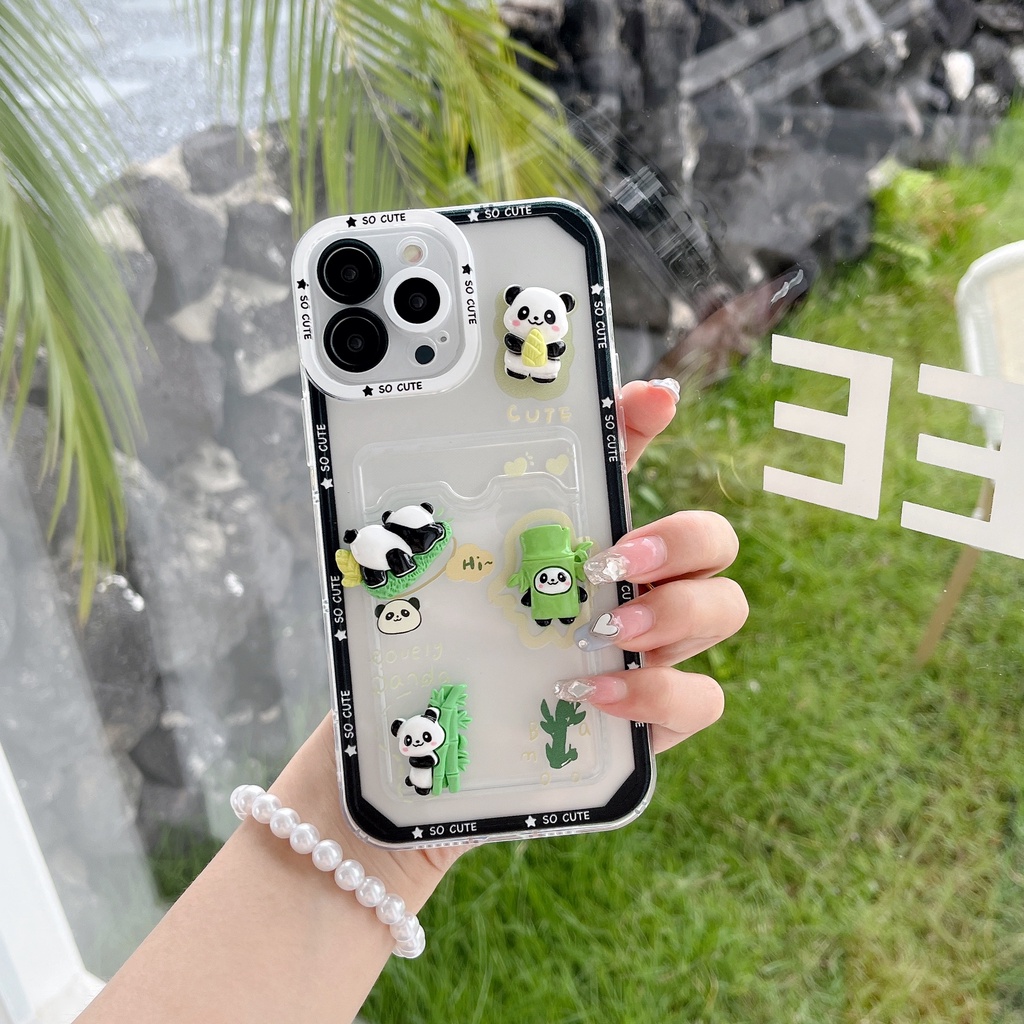 Ốp Điện Thoại TPU Silicon Mềm Trong Suốt Hình Gấu Trúc 3D Có Ngăn Đựng Thẻ Cho iPhone 14 13 12 11 Pro XR XS Max 7 8 Plus