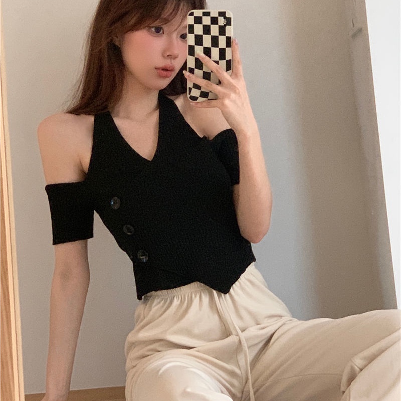 IELGY    Áo Thun Tay Ngắn Cổ Chữ v Hở Vai Phong Cách retro Dành Cho Nữ