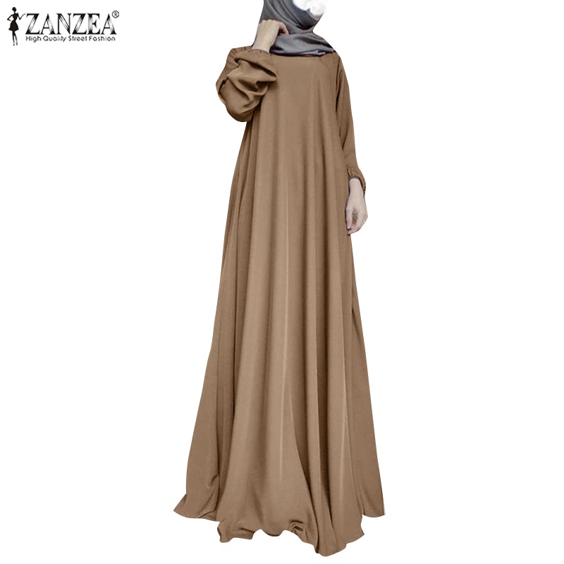 Đầm ZANZEA dài tay phồng cổ tròn màu trơn thời trang cho phụ nữ Hồi giáo