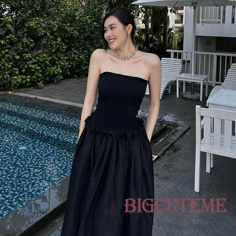 [] - Đầm Dài Dáng Chữ A Hở Lưng Cổ Thuyền Hở Lưng Nhún Bèo Màu Trơn Thời Trang Mùa Hè Dự Tiệc Cho Nữ