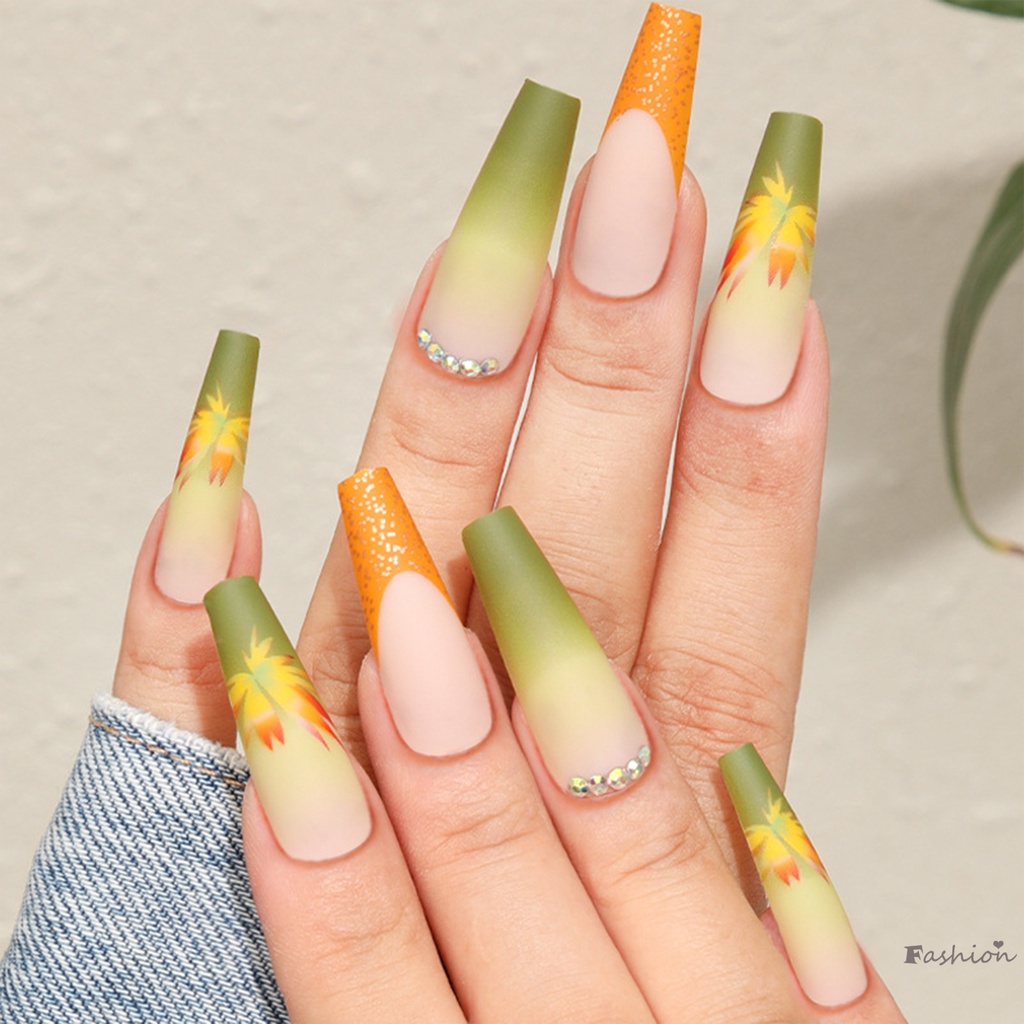 Móng Tay Giả Che Phủ Toàn Diện Dáng Vuông Dài Màu Gradient Họa Tiết Lá Phong Kiểu