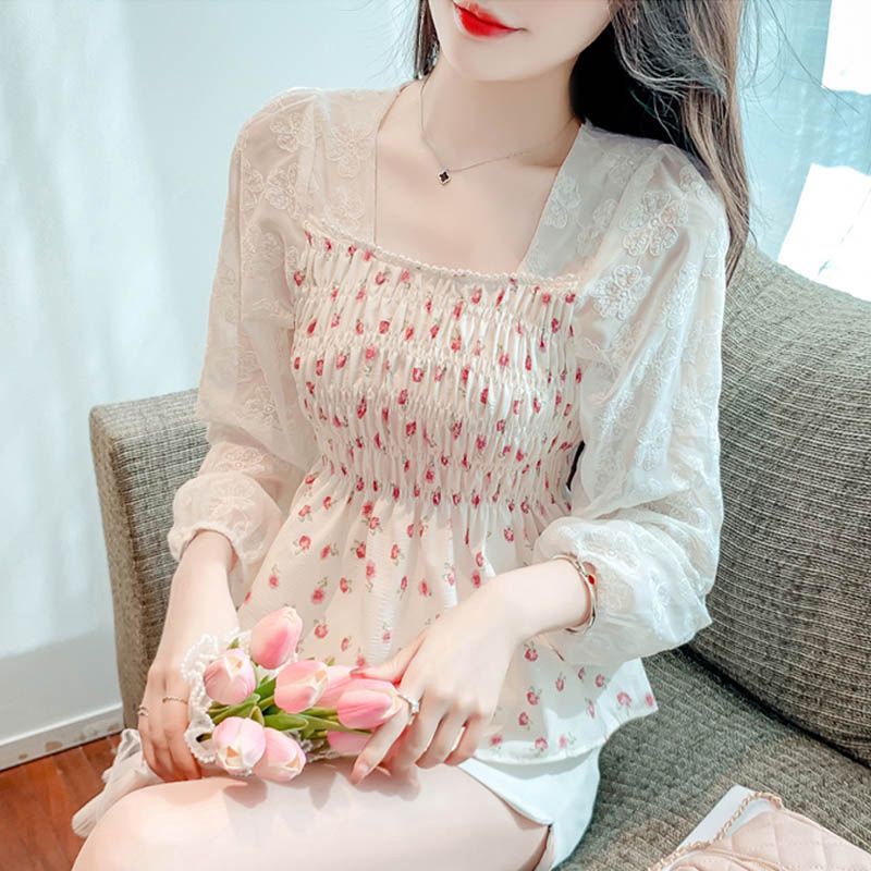 IELGY   Áo Sơ Mi Dài Tay Cổ Vuông Họa Tiết Hoa Phong Cách Pháp Thời Trang Cho Nữ