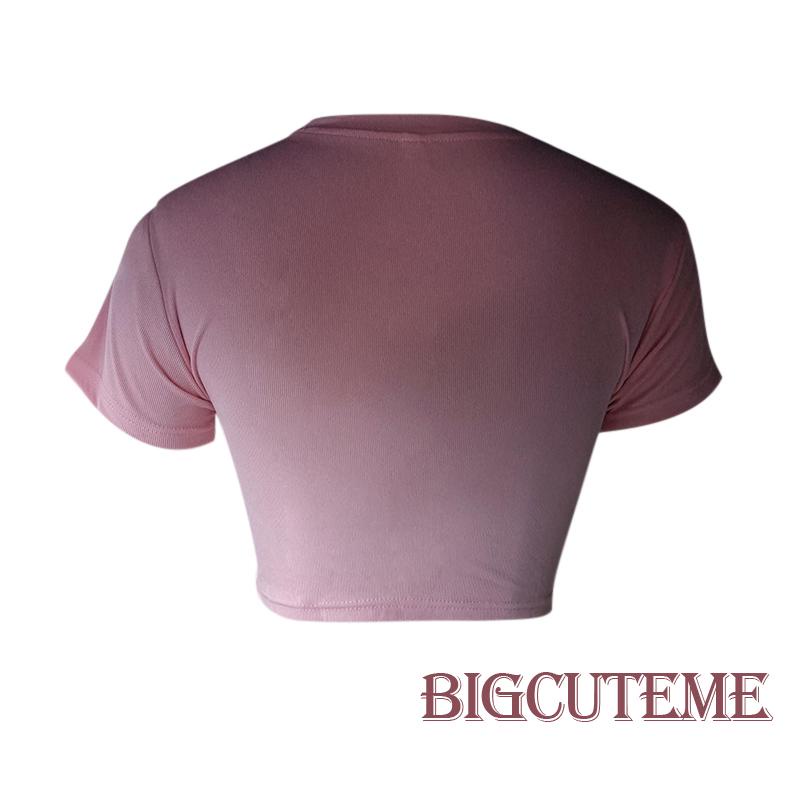 [] Áo Croptop Ôm Dáng Tay Ngắn Cổ Tròn In Chữ Cho Nữ