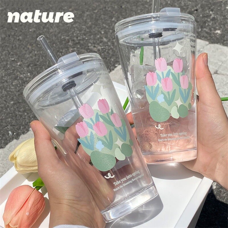 Cốc Uống Nước Bằng Thủy Tinh Có Nắp Và Ống Hút Hình Hoa Tulip Thủy Tinh Uống Cà Phê Sữa Lạnh Có Nắp Đậy Sức Chứa Lớn Hình Hoa Tulip Hàn Quốc ins Cho Học Sinh