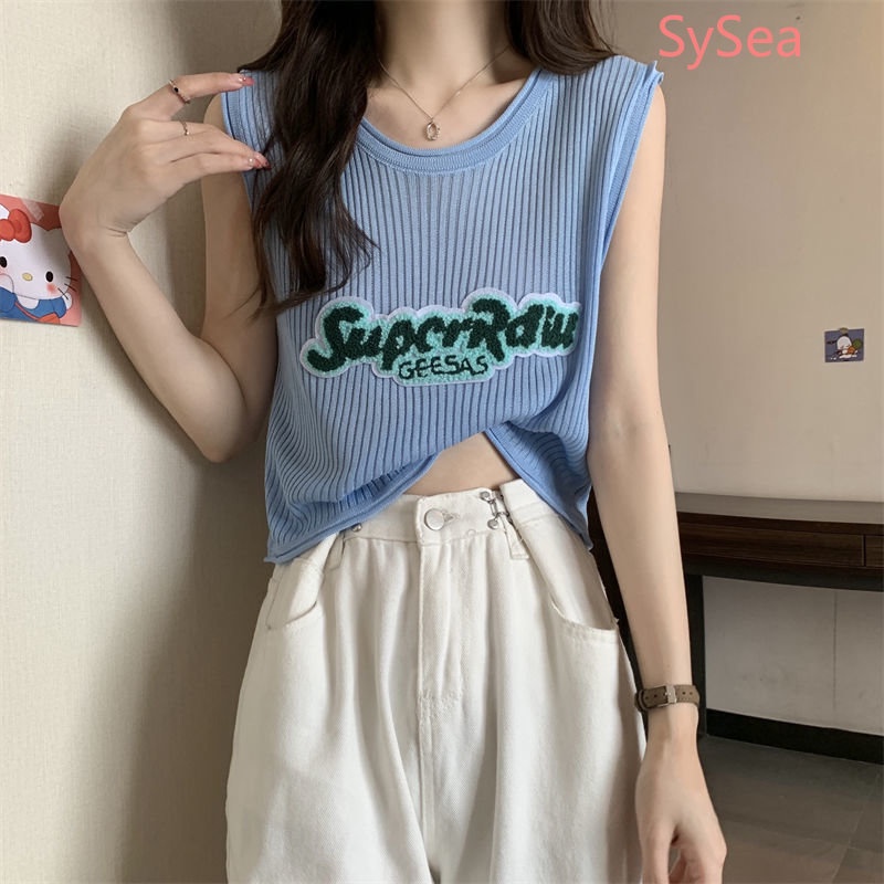 Áo Dệt Kim Sát Nách Dáng Rộng In Chữ Kiểu Retro Mỹ Xinh Xắn Cho Nữ