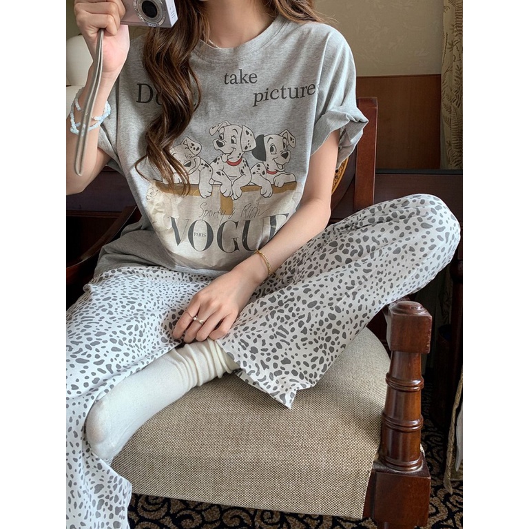 Bộ Đồ Ngủ Ngắn Tay Thoáng Khí Thoải Mái In Họa Tiết Hoạt Hình Cún Cưng Dễ Thương Thời Trang Mù