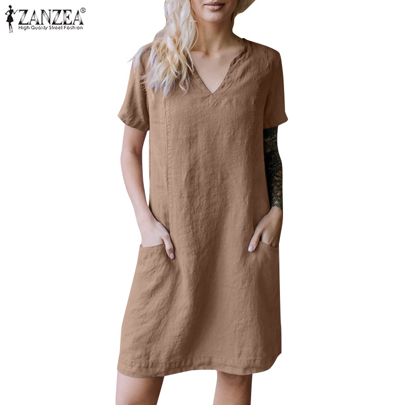 ZANZEA Đầm Ngắn Tay Cổ Chữ V Có Túi Phong Cách Vintage Nữ Tính