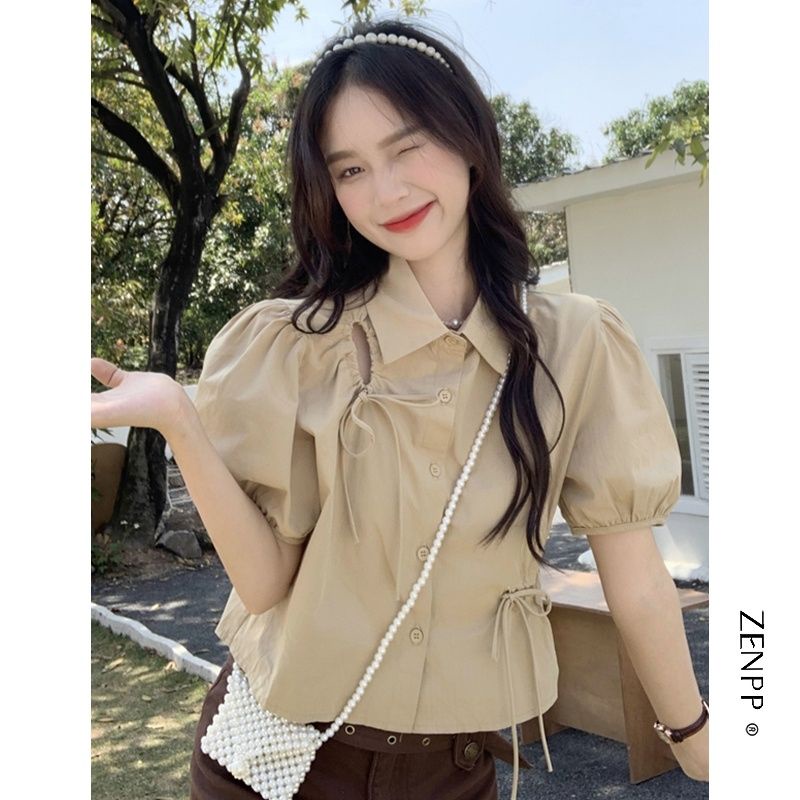 Áo Thun Ngắn Tay Dáng Rộng Phối Dây Rút Thời Trang Mùa Hè Dễ Thương