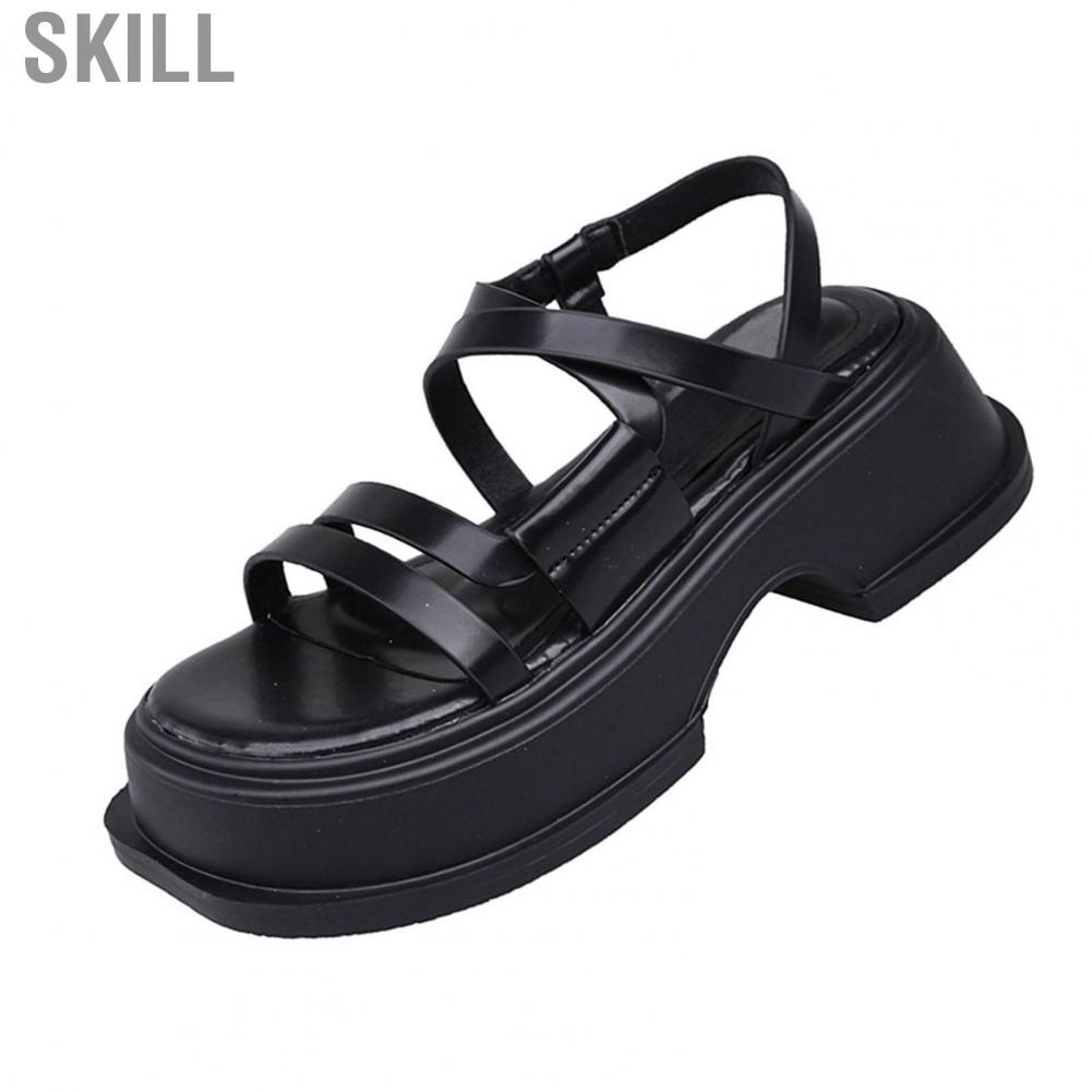 Skill Women Cross Strap Sandals  Pure Color Flat Platform Casual PU Leather Prevent Slip for Daily