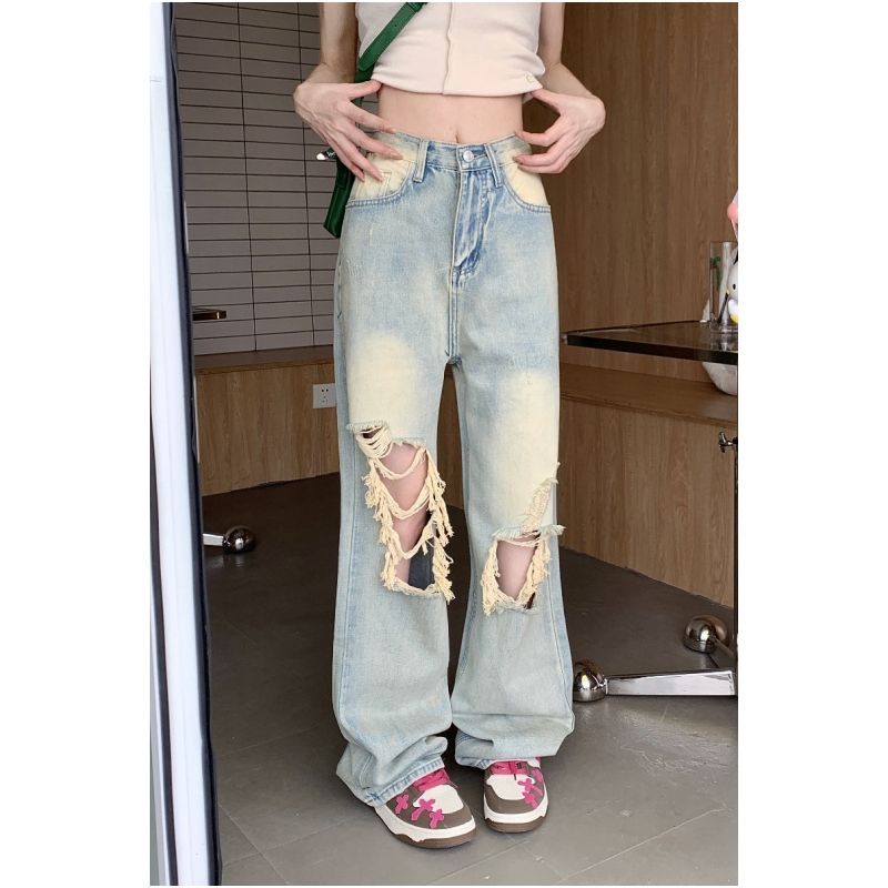 Quần Jean Rách Ống Rộng Lưng Cao Thời Trang Mùa Hè Phong Cách Mỹ Cổ Điển Kiểu Mới Dành Cho Bạn Nữ