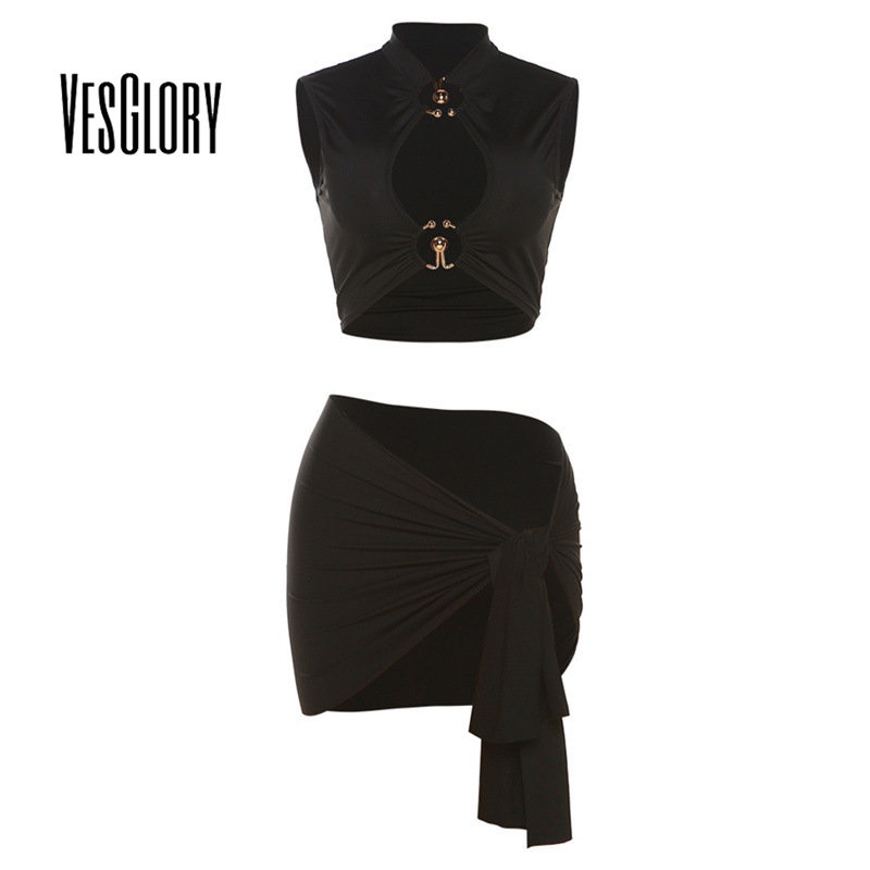 Bộ đồ VESGLORY gồm áo lửng cắt xẻ và chân váy ngắn lưng cao ôm dáng thời trang gợi cảm 2023 dành cho nữ