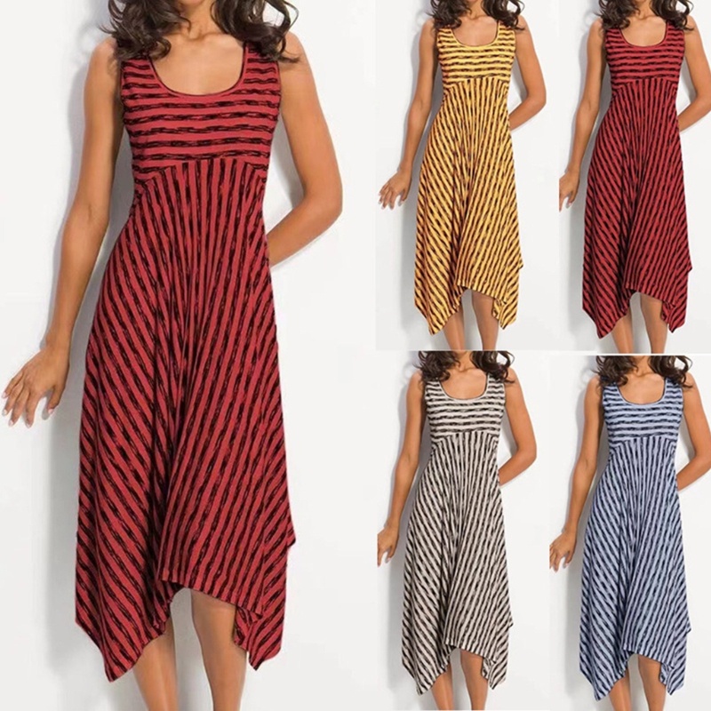 Đầm Midi Không Tay Họa Tiết Kẻ Sọc Thời Trang Mùa Hè Cho Nữ