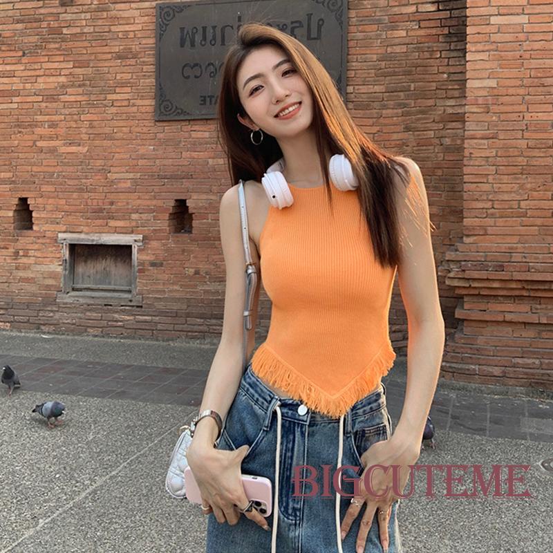 Áo Hai Dây Dệt Kim Phối Tua Rua Hở Lưng Thời Trang Mùa Hè Cho Nữ