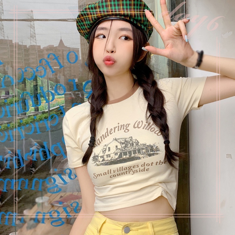 Áo Thun Nữ Ngắn Tay Cổ Tròn In Chữ Đơn Giản